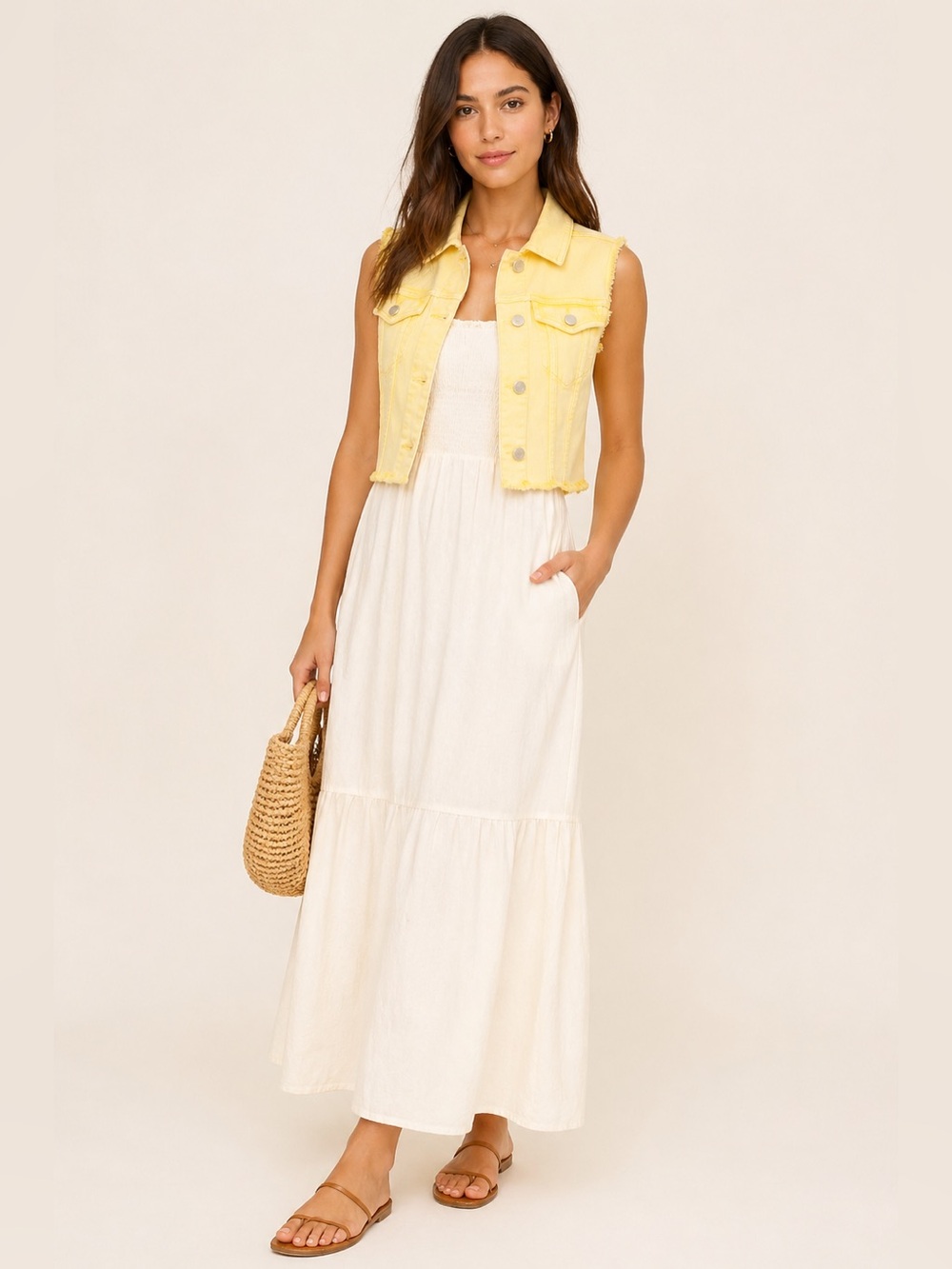 Avec Les Filles Size L Butter Yellow Cropped Denim Vest Frayed Coastal Summer